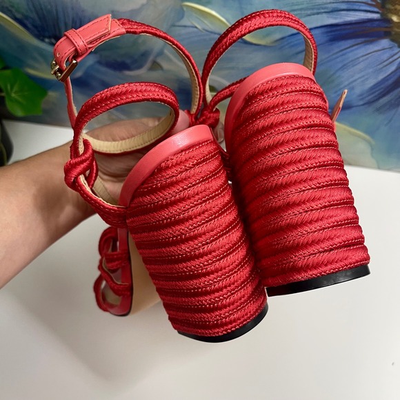 Cabi Tiptoe Knotted Rope Strappy Heeled Sandals Hibiscus Red Size 9 - Picture 5 of 12